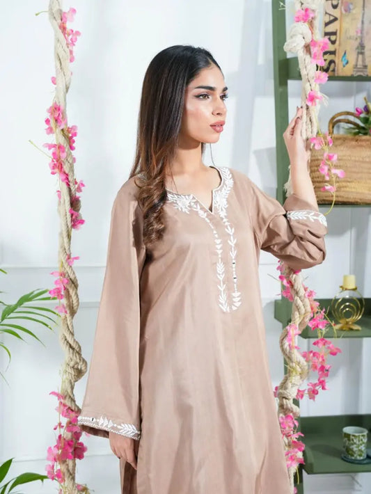 Beige Embroidered Coord Set
